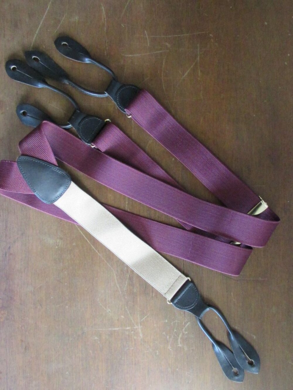 Nordstrom Men’s Suspenders Burgundy & Beige Leather Button-End Braces
